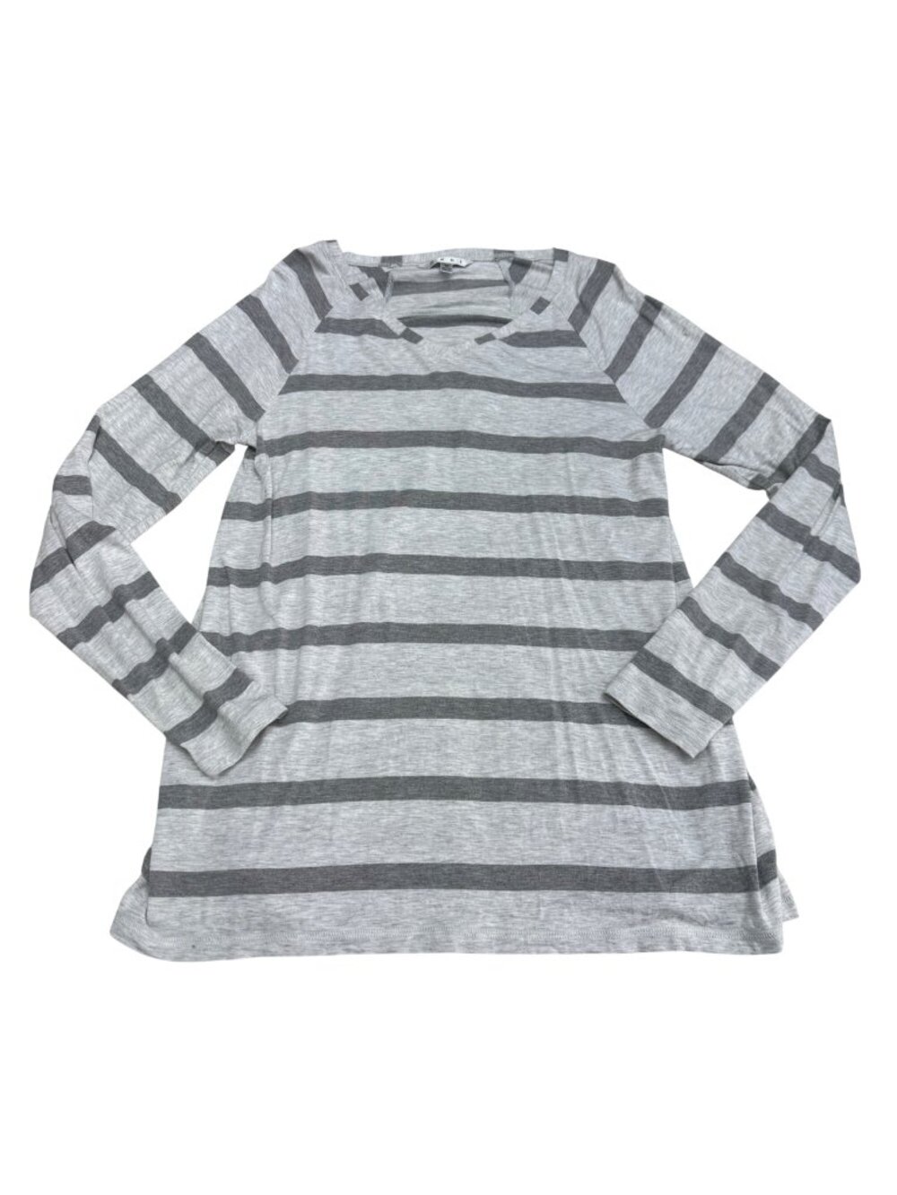 Cabi Women's Striped V-Neck LS Top Gray & White Casual Lightweight Tee Size M